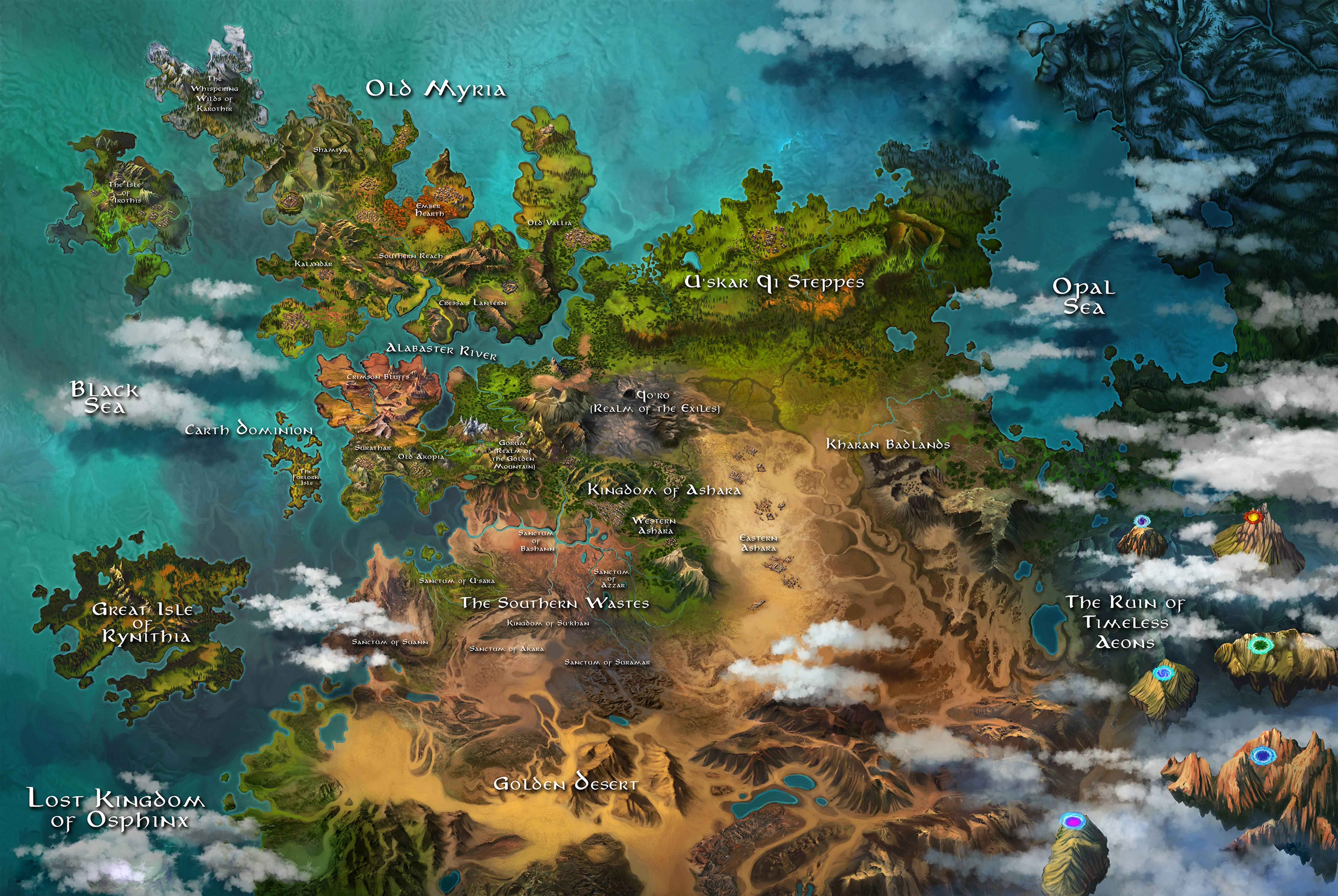 Thearus world map showing Old Myria, the Opal Sea, the Kingdom of Ashara, and the Southern Wastes
