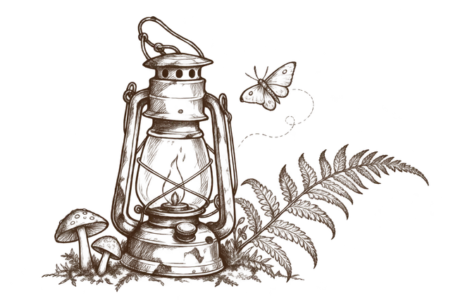 An ink sketch of a traveler’s lantern, fern and mushrooms